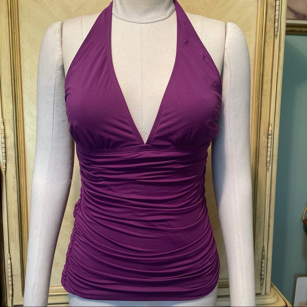 Carmen Marc Valvo Purple Ruched Tankini Halter Bathing Suit Top 12